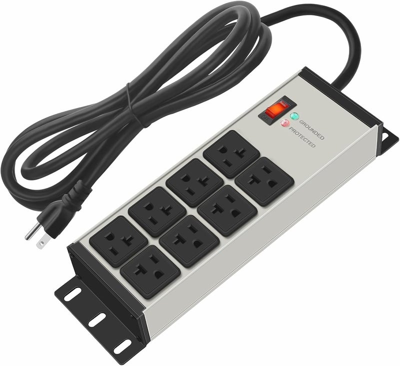 CCCEI Heavy Duty Power Strip Surge Protector 20 AMP, 8 Outlets 12 Gauge Industrial Shop Garage Metal Multiple Outlets, 6 FT Extension Cord 5-15P Adapter High Amp 6-20R T-Slot 20a for Appliance - Image 1